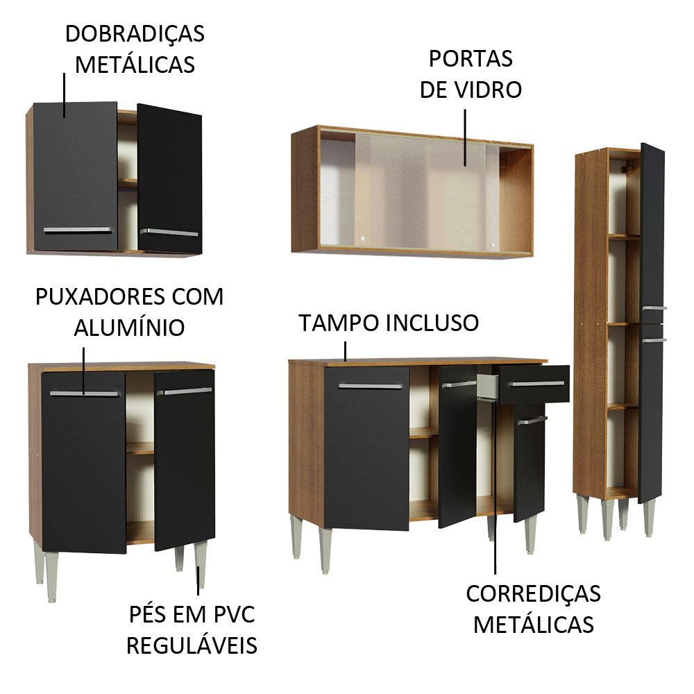 Armário de Cozinha Completa 201cm Rustic/Preto Emilly Fast Madesa 02