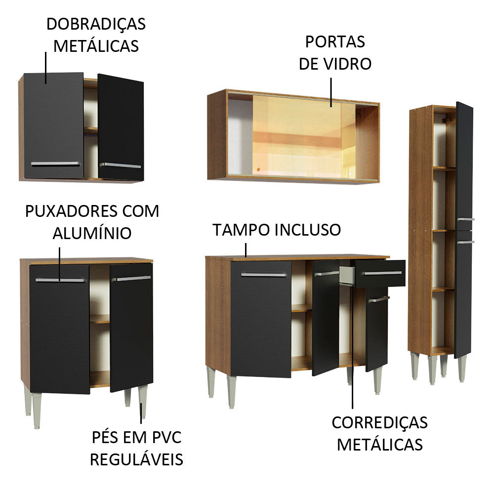 Armário de Cozinha Completa 201cm Rustic/Preto Emilly West Madesa 03