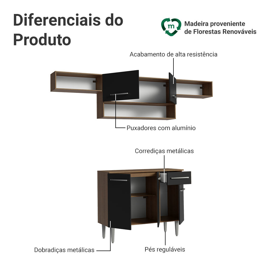 Armário de Cozinha Completa 225cm Rustic/Preto Emilly Madesa 01