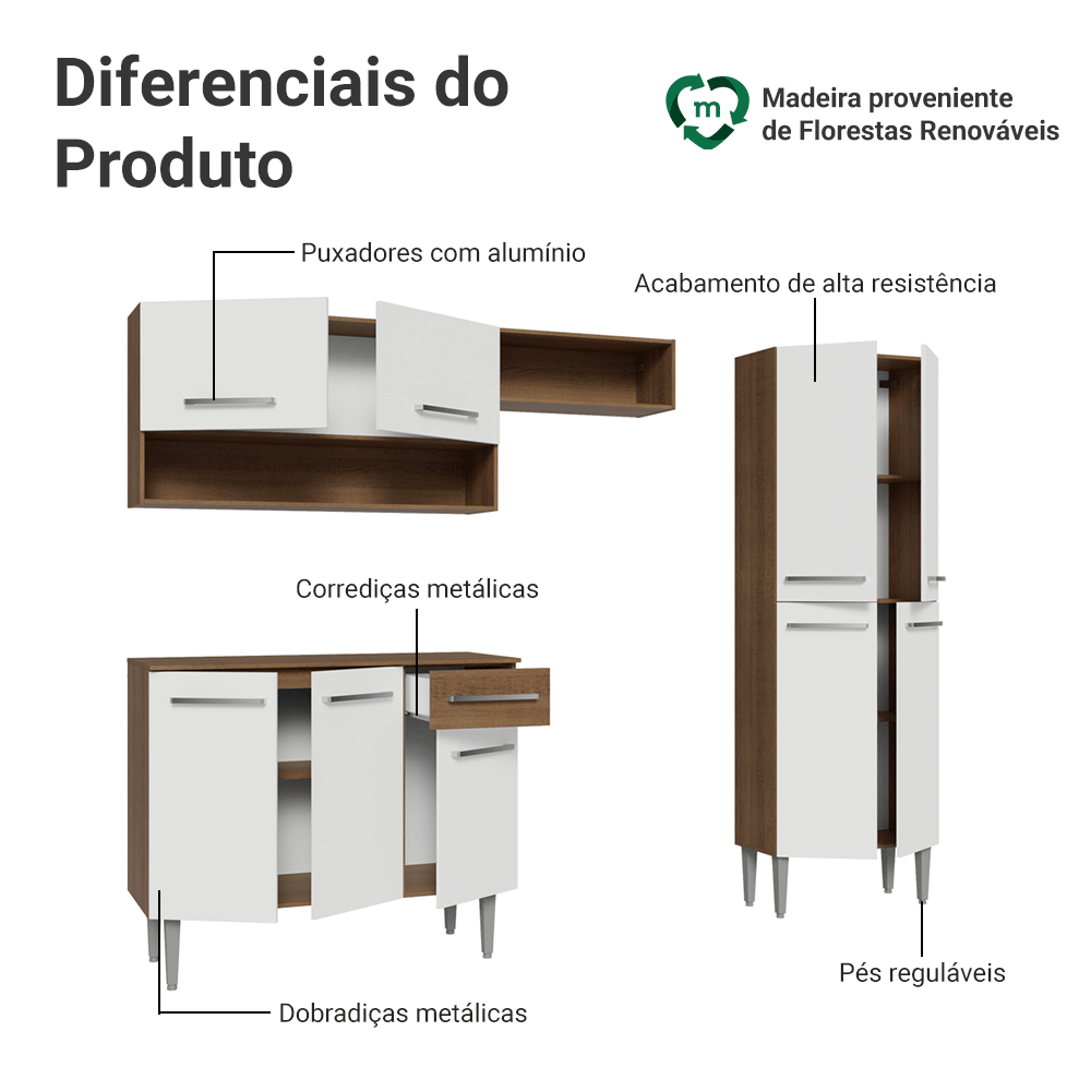 Armário de Cozinha Compacta 229cm Branco/Rustic Emilly Pop Madesa 02