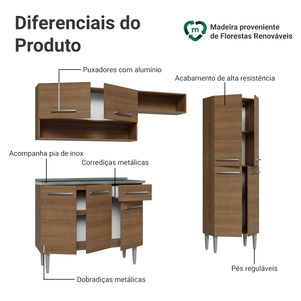 Armário de Cozinha Compacta 229cm com Pia Rustic Emilly Madesa 10
