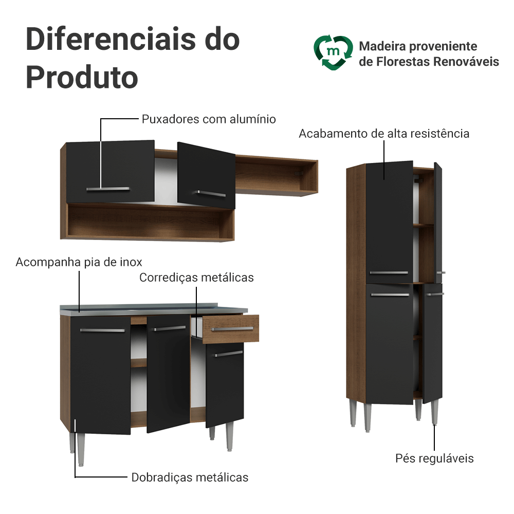 Armário de Cozinha Compacta 229cm com Pia Rustic/Preto Emilly Madesa 10