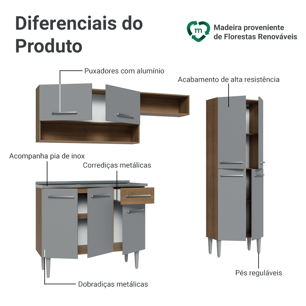 Armário de Cozinha Compacta 229cm com Pia Rustic/Cinza Emilly Madesa 10
