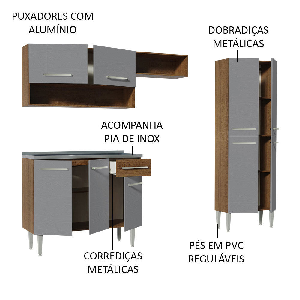 Armário de Cozinha Compacta 229cm com Pia Rustic/Cinza Emilly Madesa 10