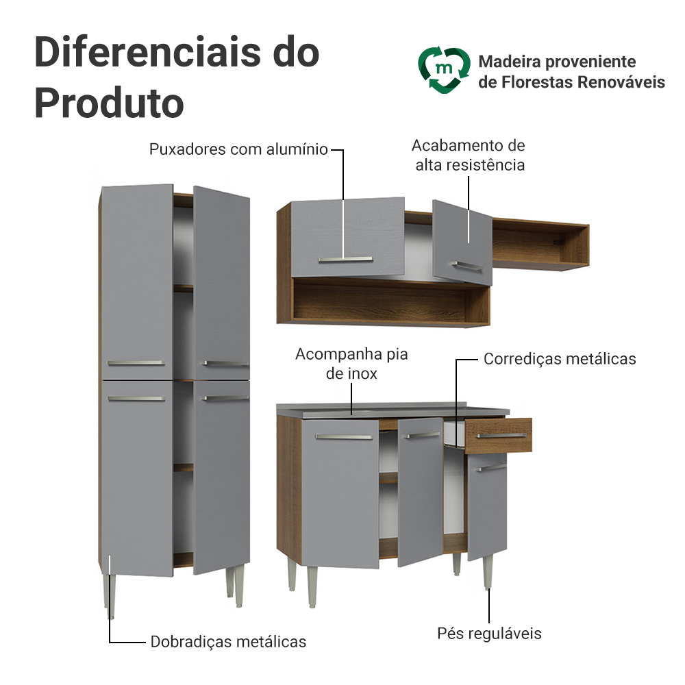 Armário de Cozinha Compacta 229cm com Pia Rustic/Cinza Emilly Madesa 12