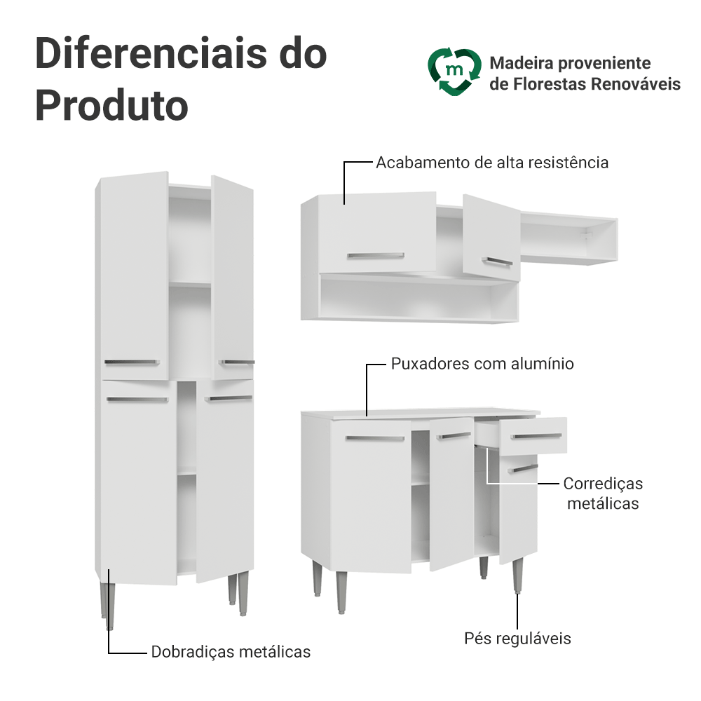 Armário de Cozinha Completa 229cm Branco Emilly Madesa 016