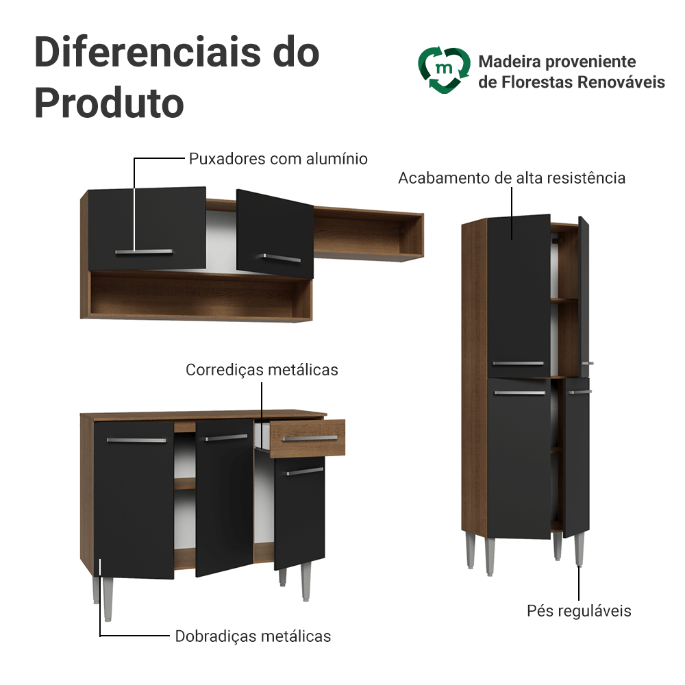 Armário de Cozinha Completa 229cm Rustic/Preto Emilly Madesa 017