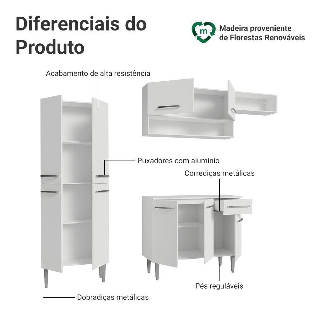 Armário de Cozinha Completa 229cm Branco Emilly Madesa 18
