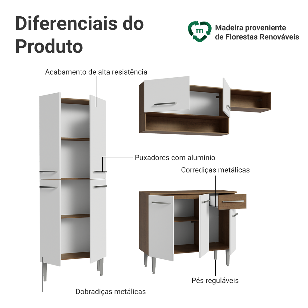 Armário de Cozinha Completa 229cm Rustic/Branco Emilly Madesa 18