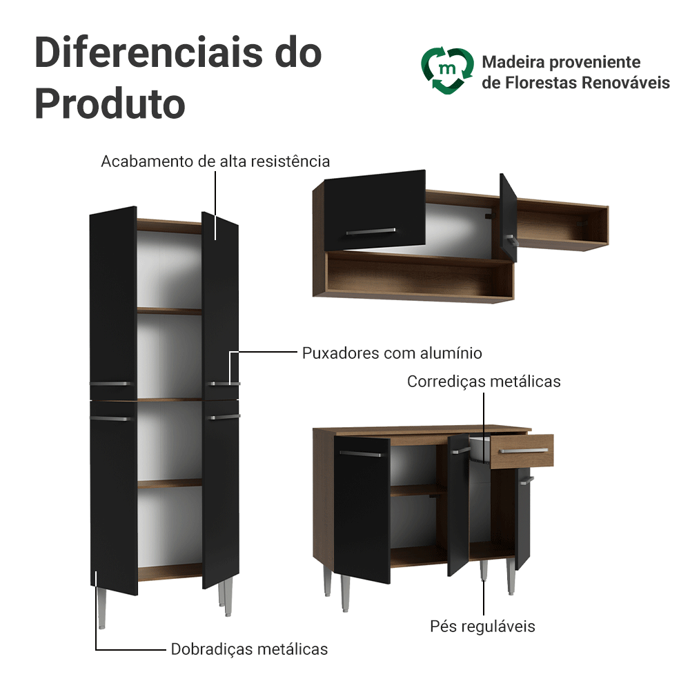 Armário de Cozinha Completa 229cm Rustic/Preto Emilly Madesa 18