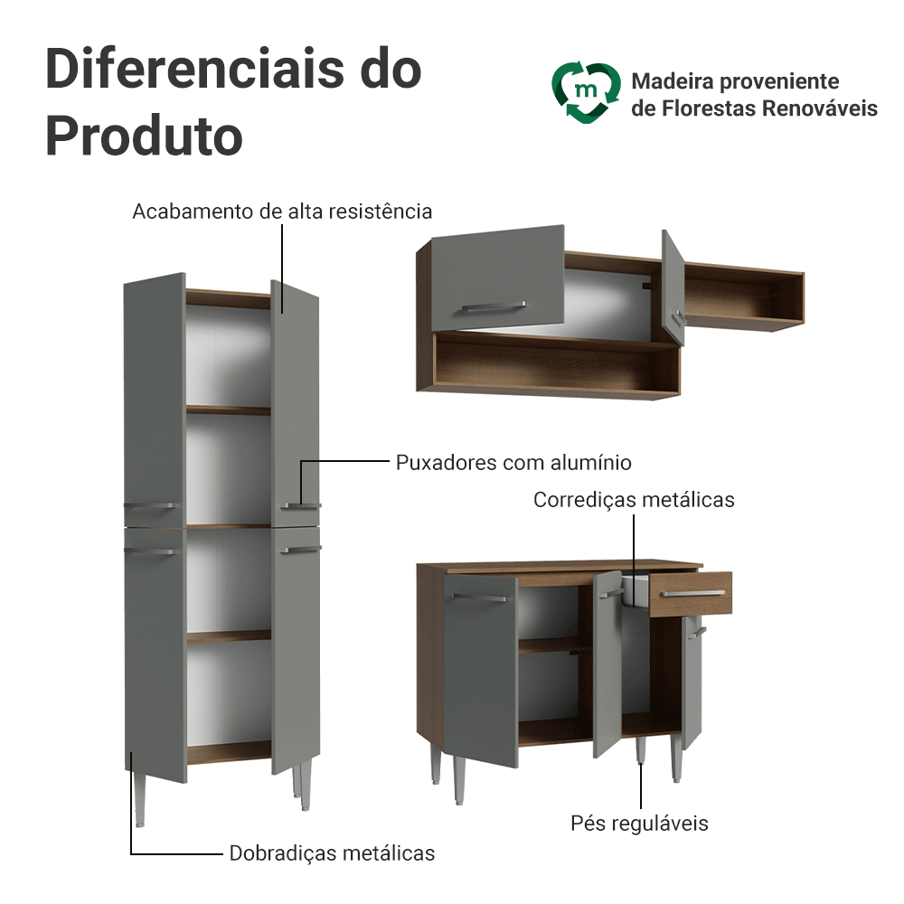 Armário de Cozinha Completa 229cm Rustic/Cinza Emilly Madesa 18