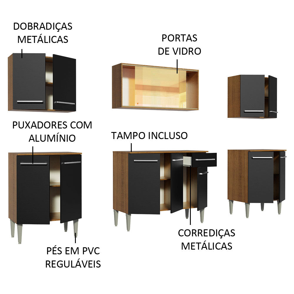 Armário de Cozinha Completa 233cm Rustic/Preto Emilly Fire Madesa 03