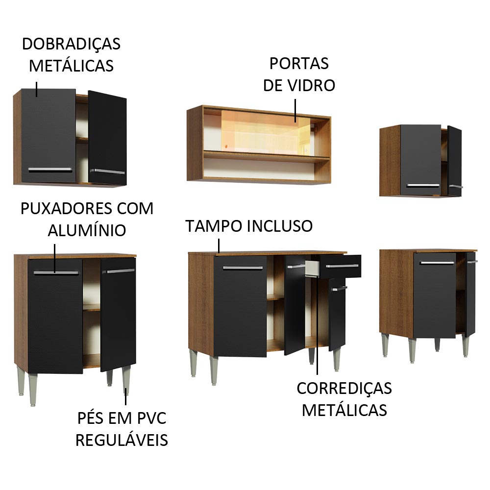 Armário de Cozinha Completa 233cm Rustic/Preto Emilly Smile Madesa 04