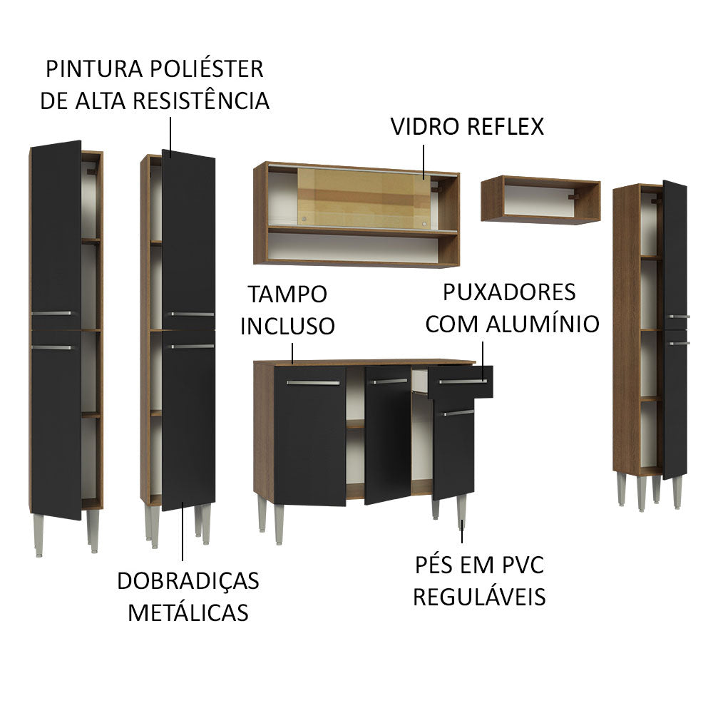 Armário de Cozinha Completa 261cm Rustic/Preto Emilly Madesa 04