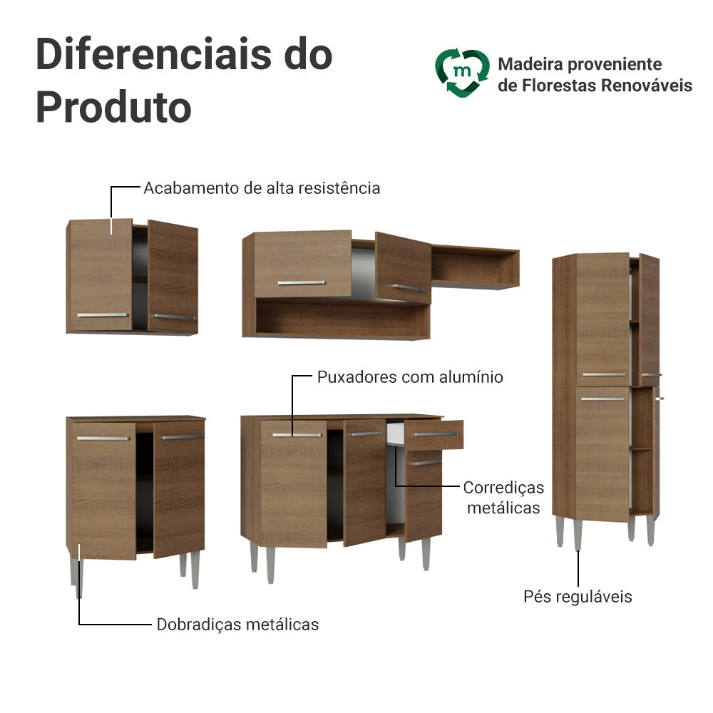 Armário de Cozinha Completa 293cm Rustic Emilly Madesa 01