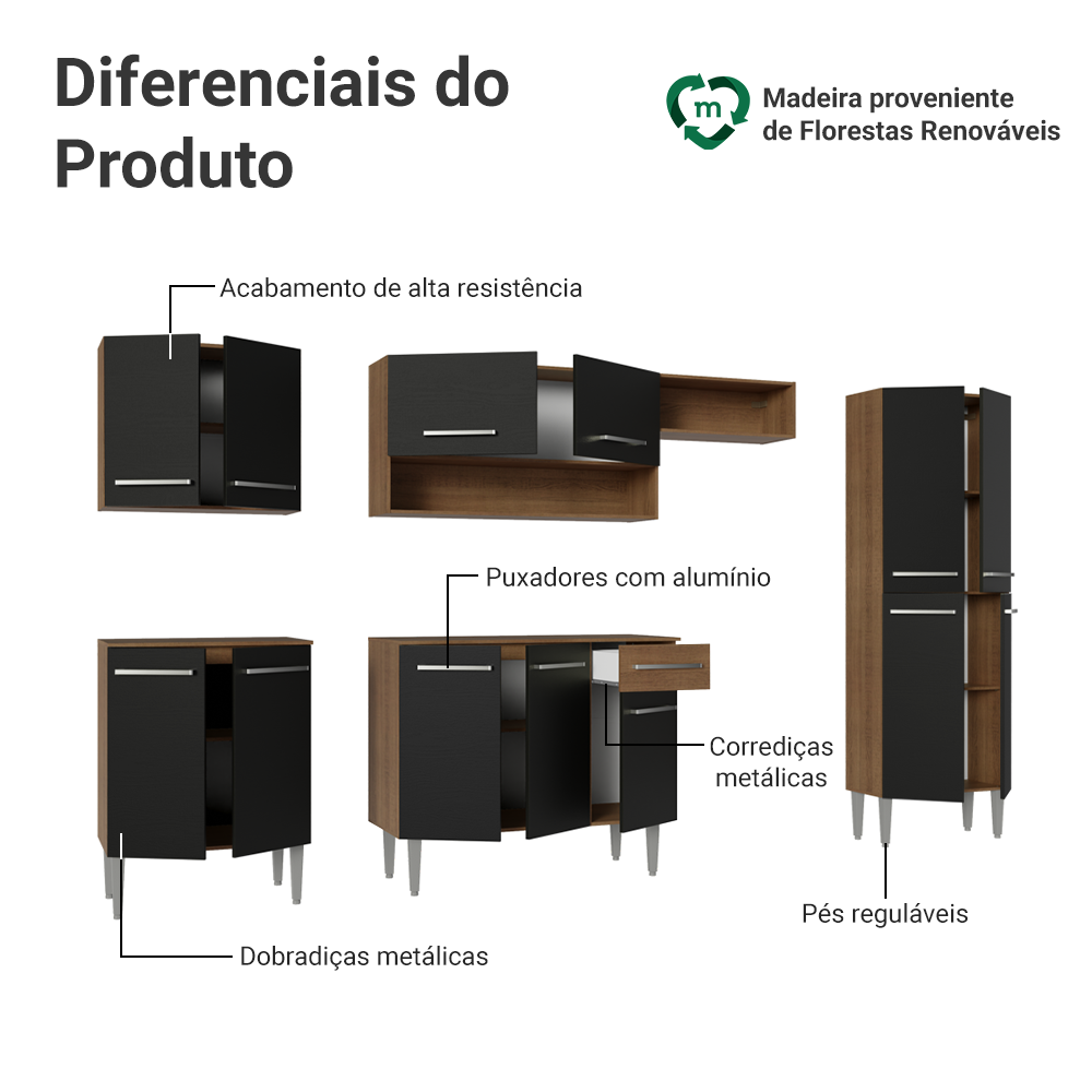 Armário de Cozinha Completa 293cm Rustic/Preto Emilly Madesa 01