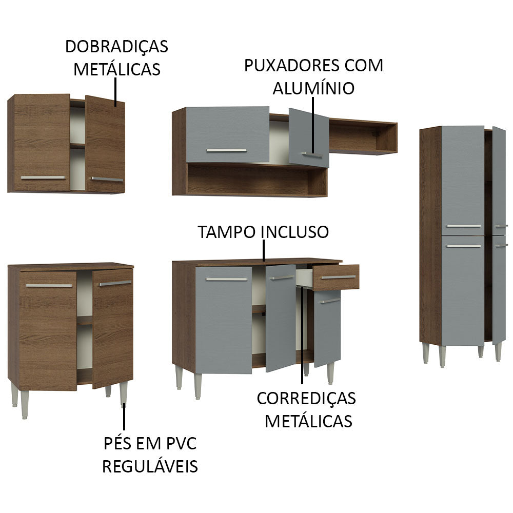 Armário de Cozinha Completa 293cm Rustic/Cinza/Rustic Emilly Madesa 01