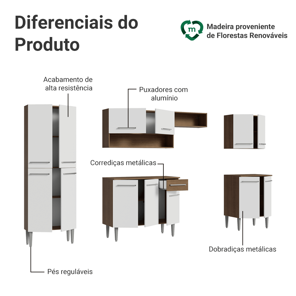 Armário de Cozinha Completa 293cm Rustic/Branco Emilly Madesa 02