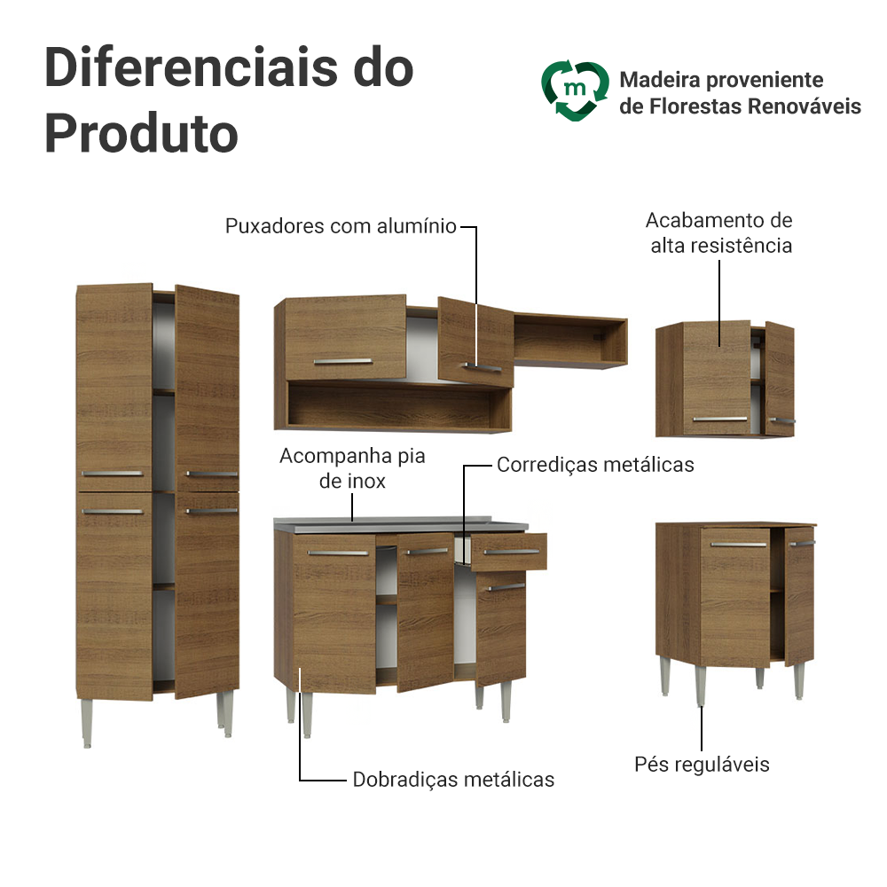 Armário de Cozinha Completa 293cm com Pia Rustic Emilly Madesa 08