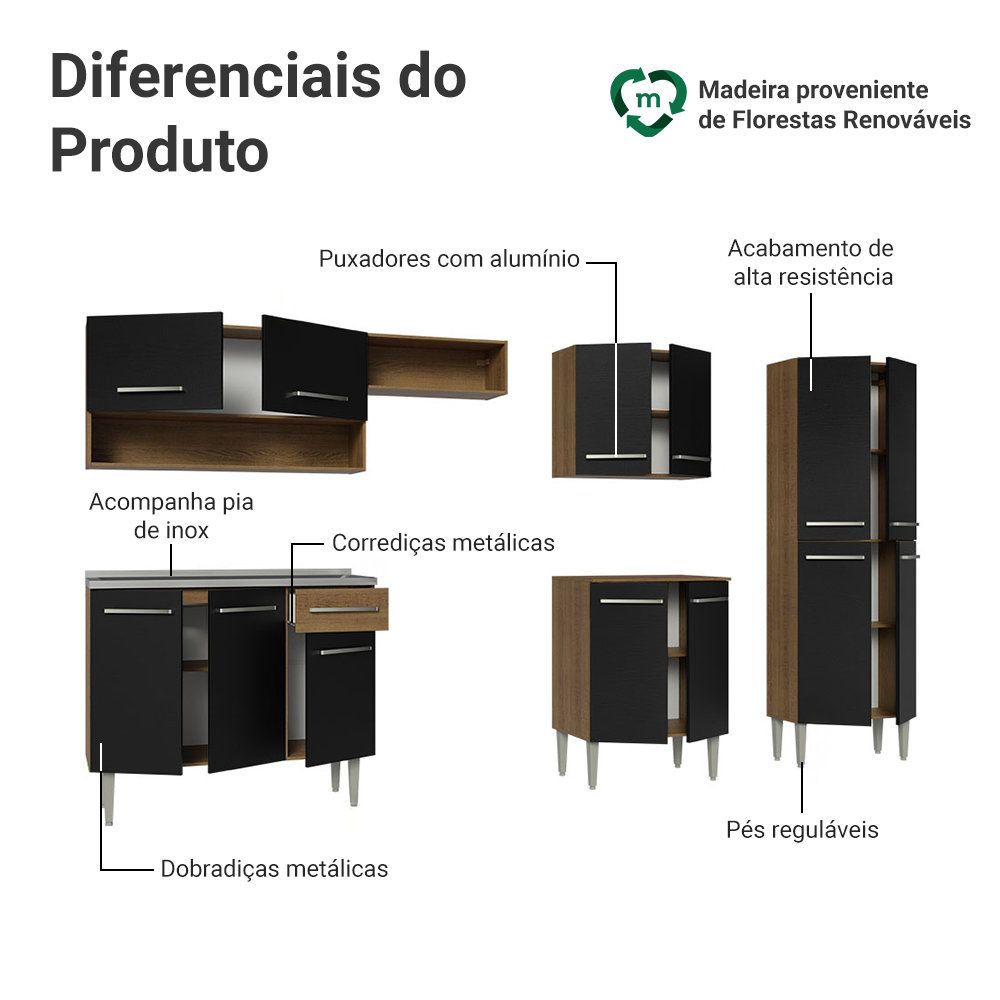 Armário de Cozinha Completa 293cm com Pia Rustic/Preto Emilly Madesa 09