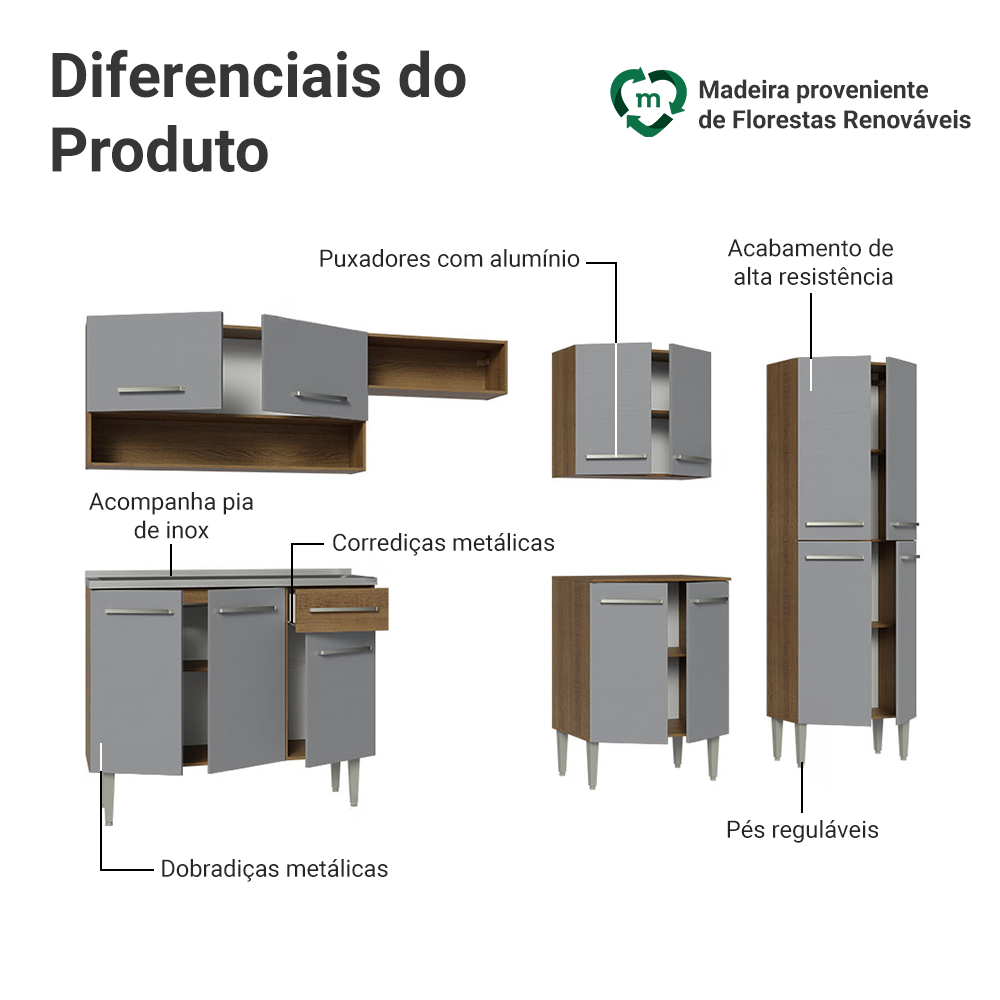 Armário de Cozinha Completa 293cm com Pia Rustic/Cinza Emilly Madesa 09