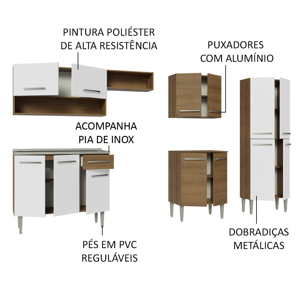Armário de Cozinha Completa 293cm com Pia Rustic/Branco Emilly Madesa 09