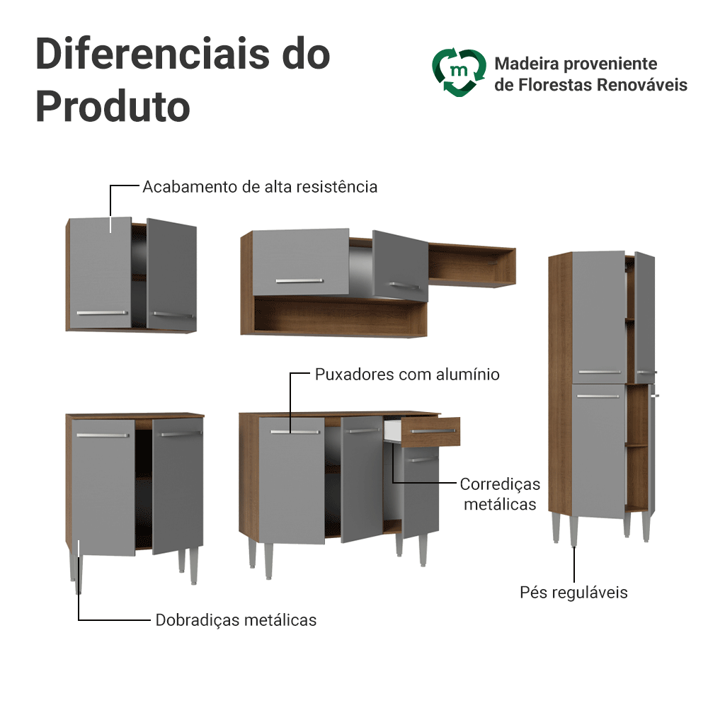 Armário de Cozinha Completa 293cm Rustic/Cinza Emilly Madesa 011