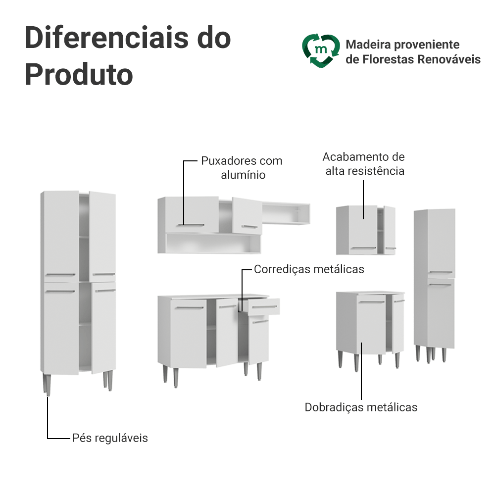 Armário de Cozinha Completa 325cm Branco Emilly Madesa 01