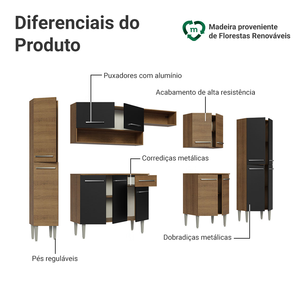 Armário de Cozinha Completa 325cm Rustic/Preto Emilly Madesa 02
