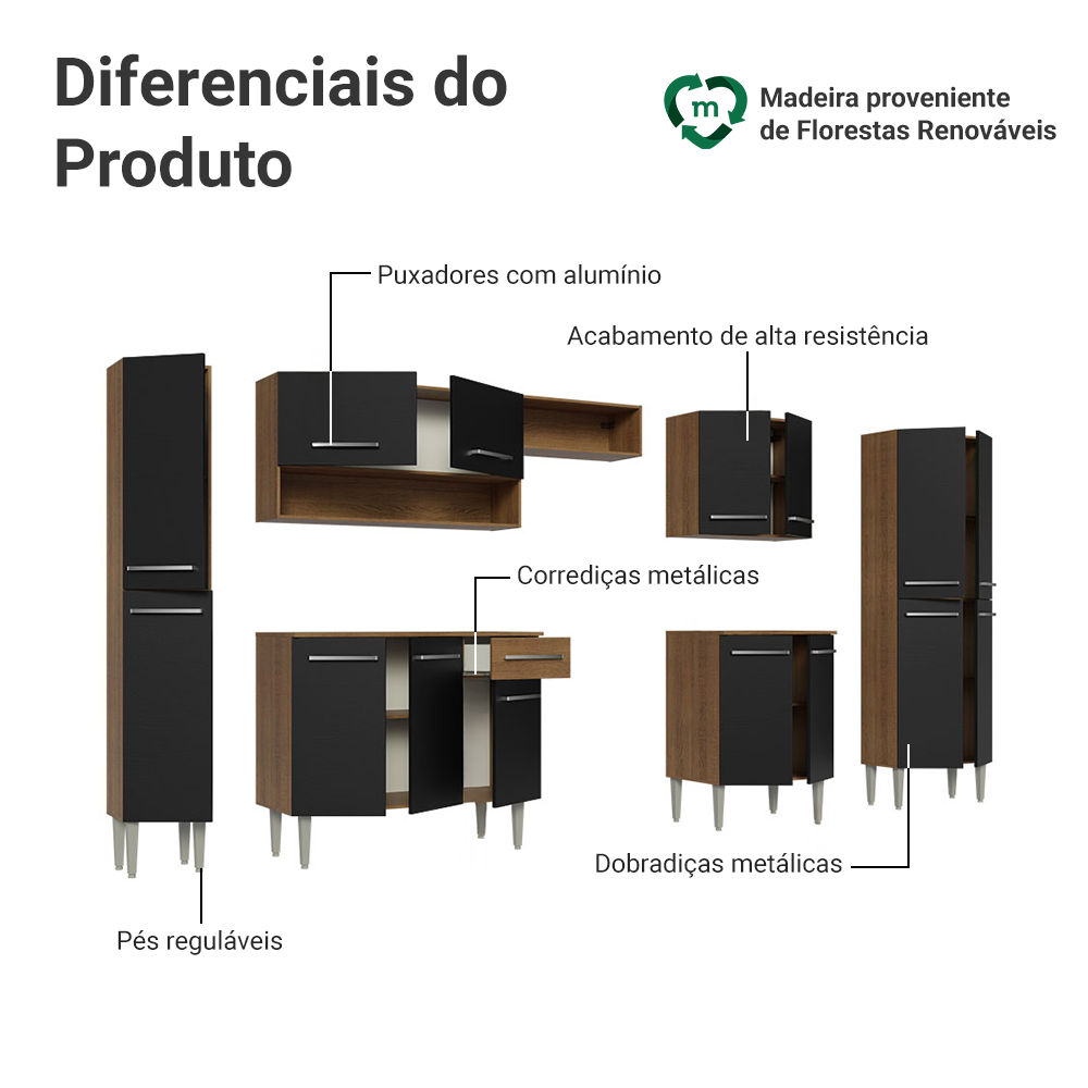 Armário de Cozinha Completa 325cm Rustic/Preto/Rustic Emilly Madesa 02