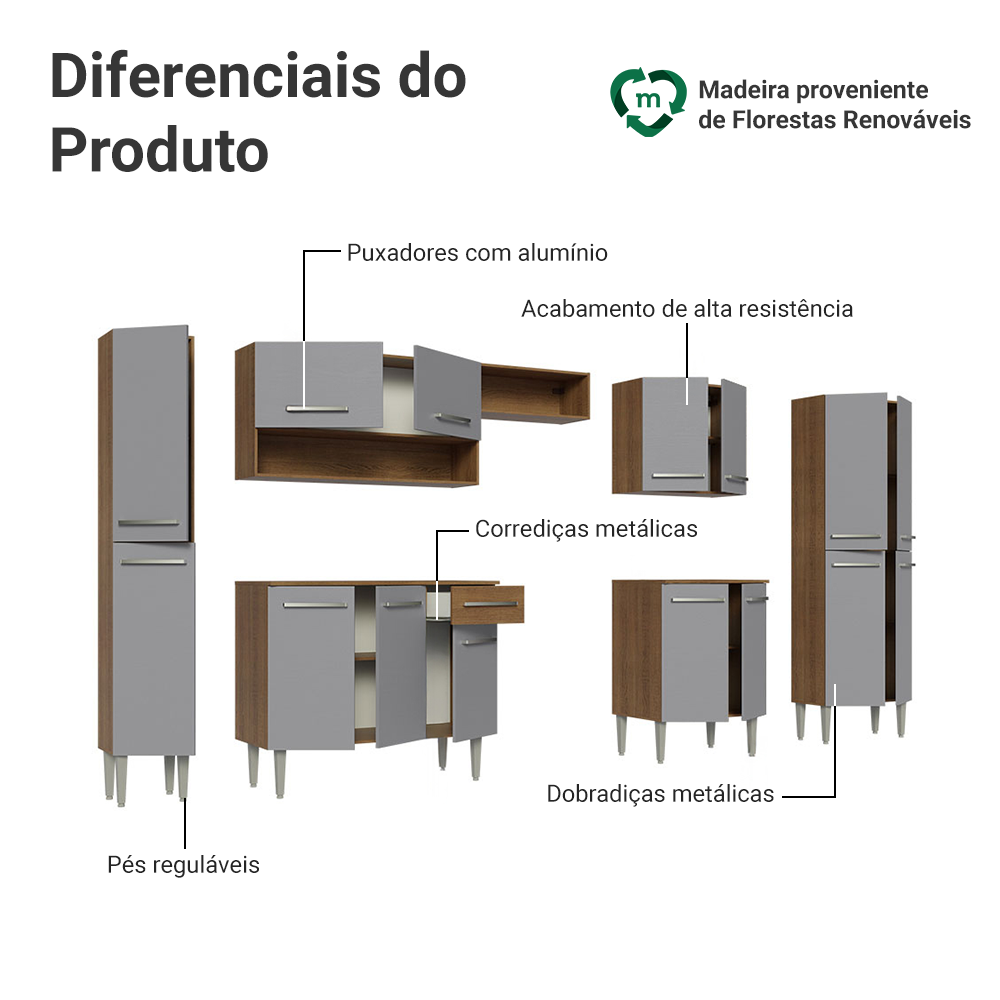 Armário de Cozinha Completa 325cm Cinza/Rustic Emilly Madesa 02