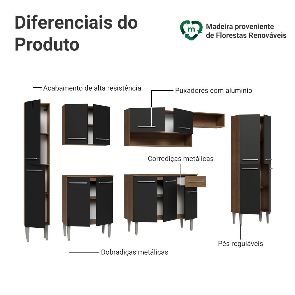 Armário de Cozinha Completa 325cm Rustic/Preto Emilly Madesa 07