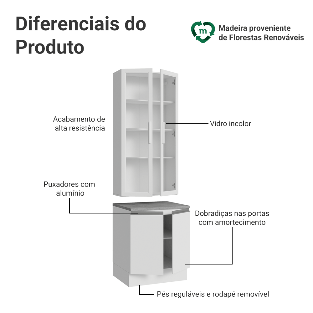 Kit Balcão + Cristaleira 70cm Branco Glamy Madesa 02