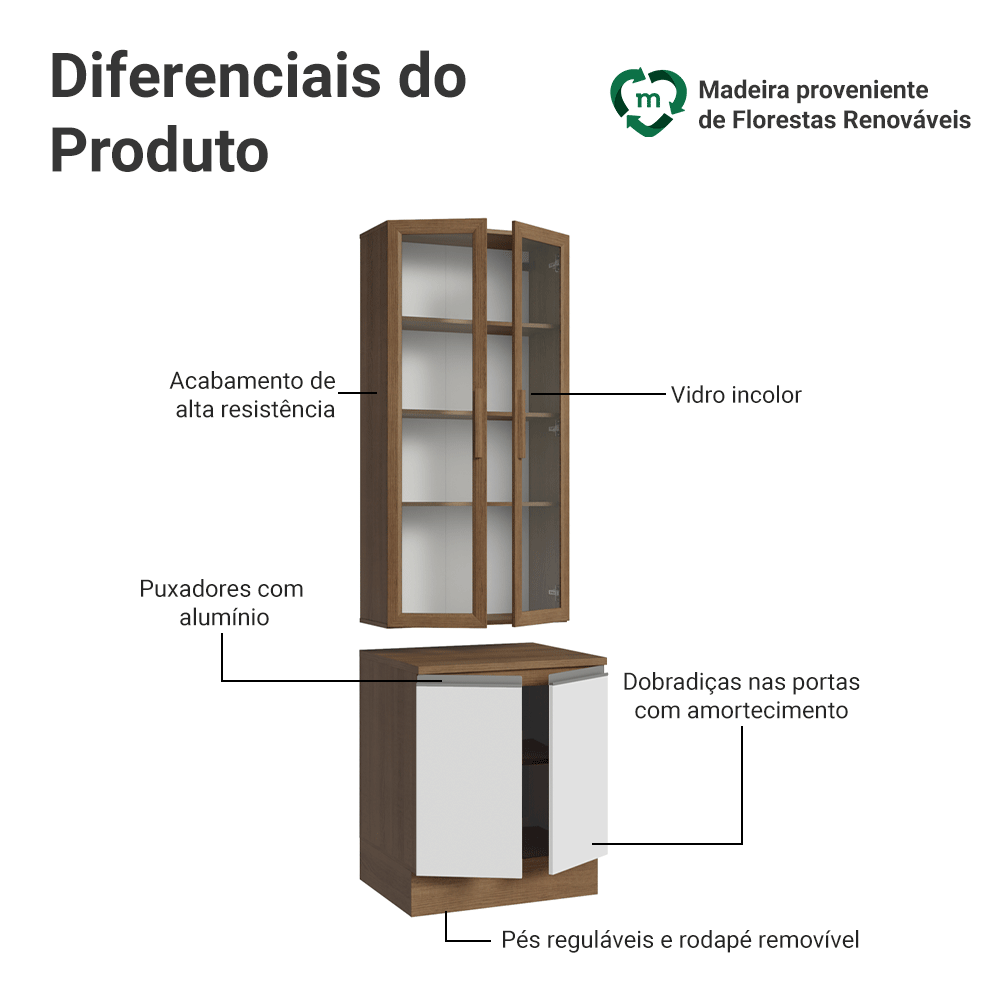 Kit Balcão + Cristaleira 70cm Rustic/Branco Glamy Madesa 02