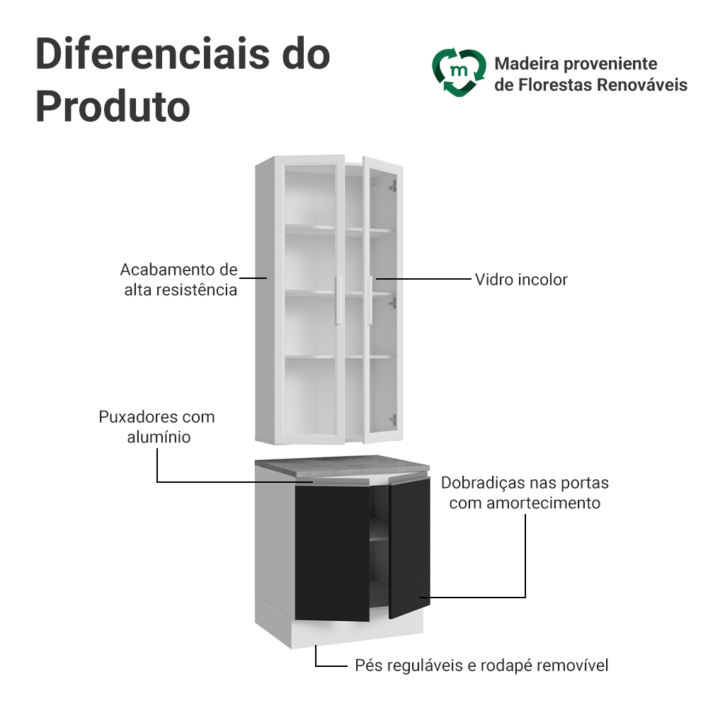 Kit Balcão + Cristaleira 70cm Branco/Preto Glamy Madesa 02
