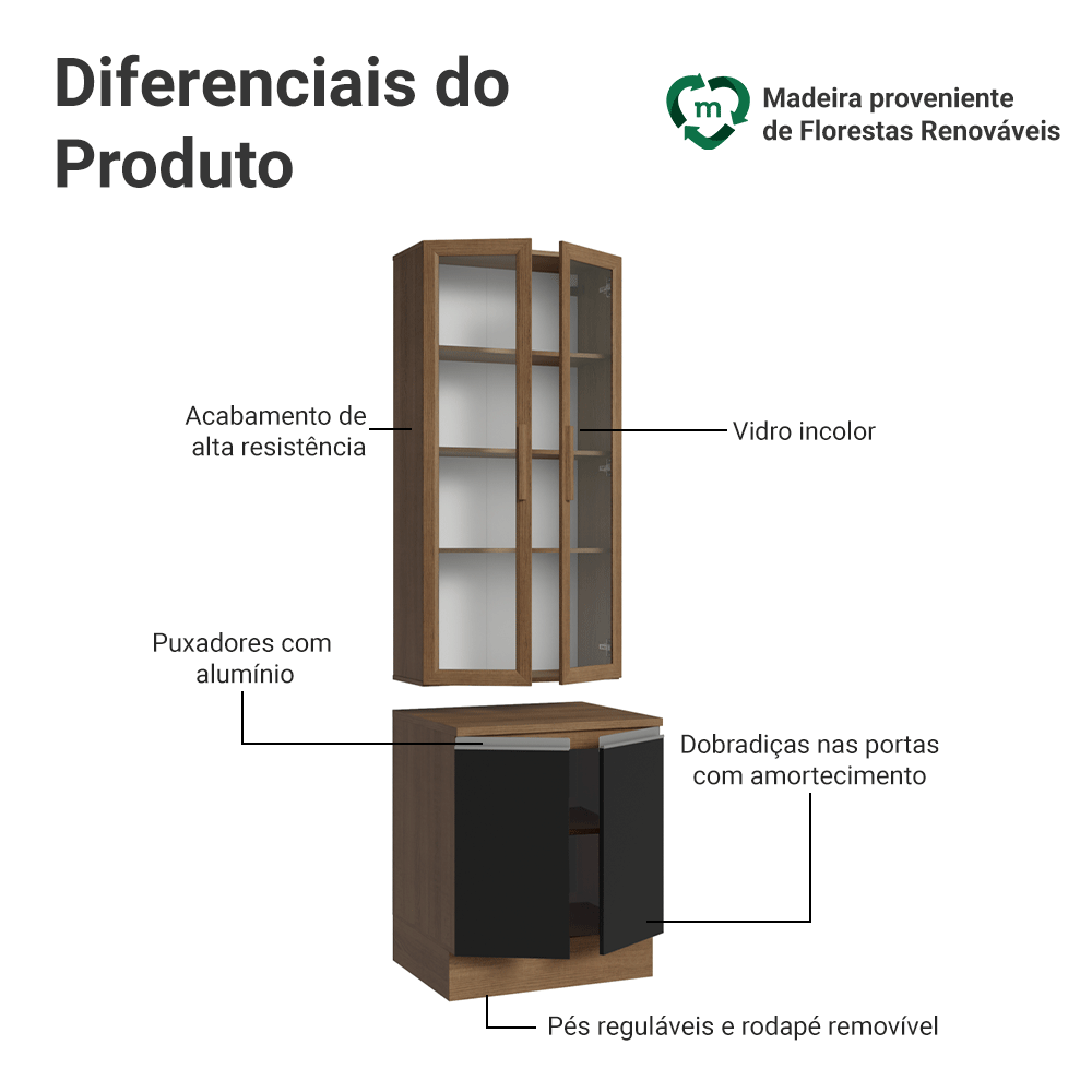 Kit Balcão + Cristaleira 70cm Rustic/Preto Glamy Madesa 02