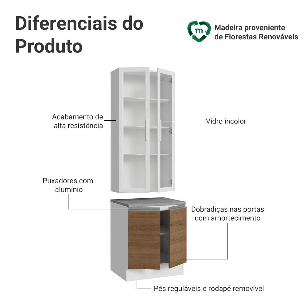 Kit Balcão + Cristaleira 70cm Branco/Rustic Glamy Madesa 02