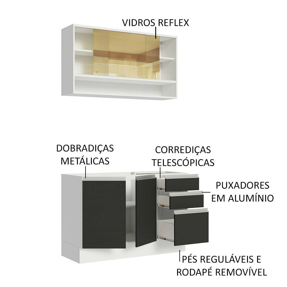 Armário de Cozinha Compacta 120cm Branco/Preto Glamy Madesa 02