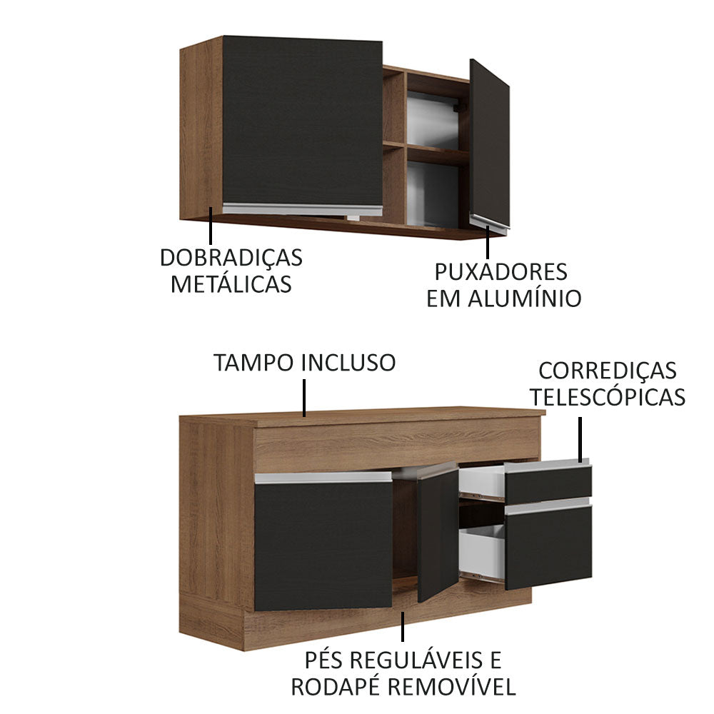 Armário de Cozinha Compacta 150cm Rustic/Preto Glamy Madesa 01