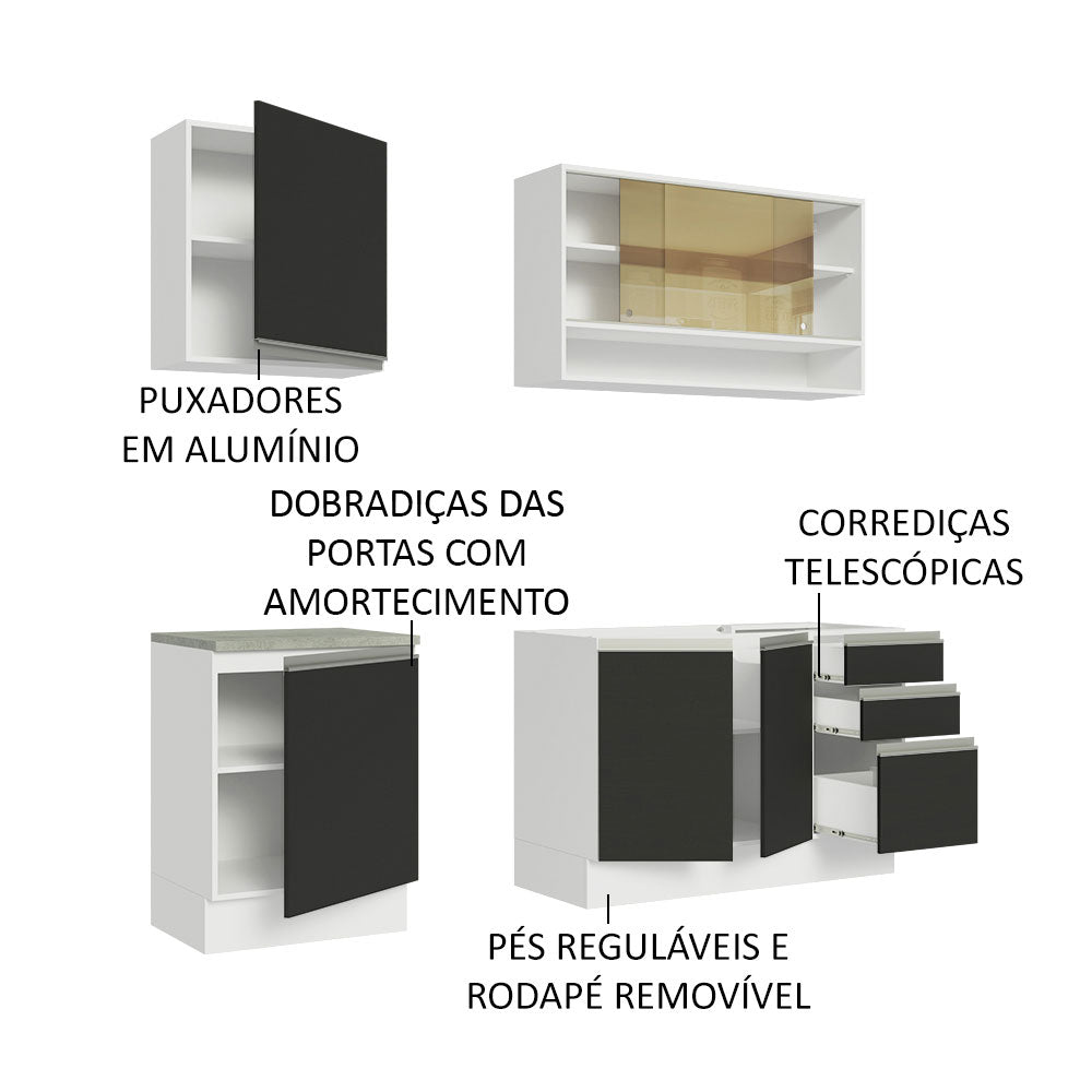 Armário de Cozinha Compacta 180cm Branco Preto Glamy Madesa 06