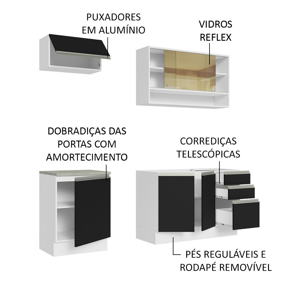 Armário de Cozinha Compacta 180cm Branco Preto Glamy Madesa 08