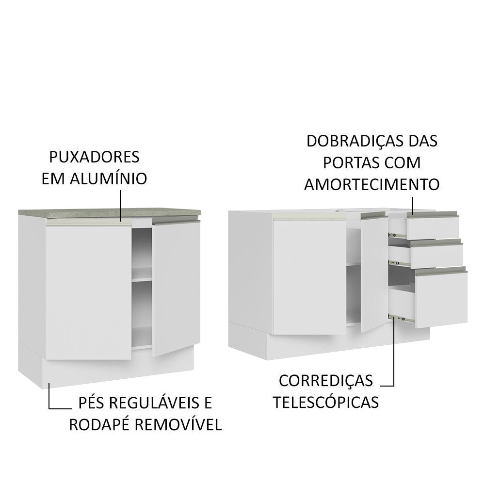 Kit com 2 Balcões de Cozinha Madesa Glamy 4 Portas 3 Gavetas (Sem Tampo e Pia) Branco Branco