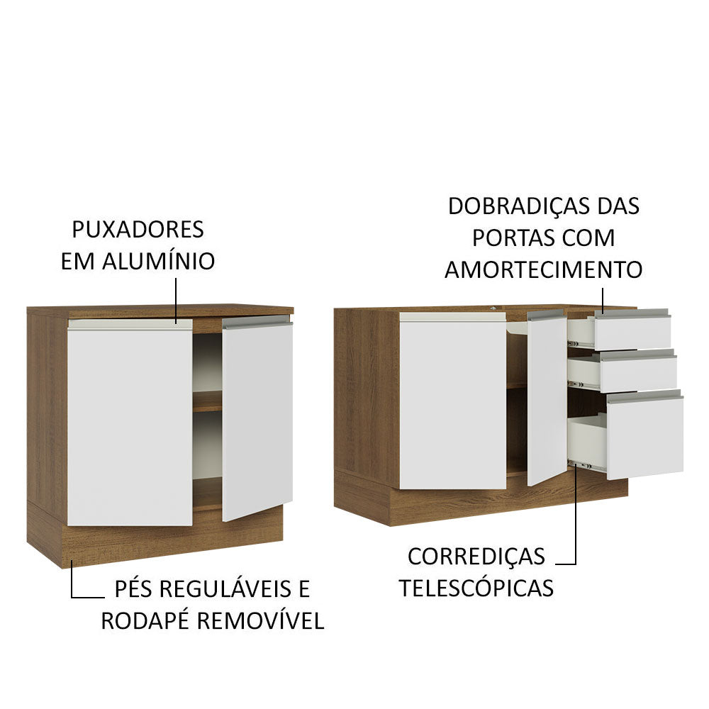 Kit com 2 Balcões de Cozinha Madesa Glamy 4 Portas 3 Gavetas (Sem Tampo e Pia) Rustic/Branco Rustic/Branco
