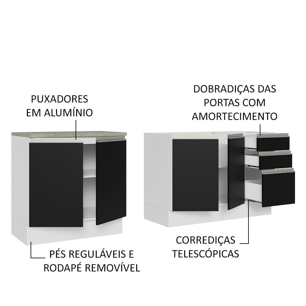 Kit com 2 Balcões de Cozinha Madesa Glamy 4 Portas 3 Gavetas (Sem Tampo e Pia) Branco/Preto Branco/Preto