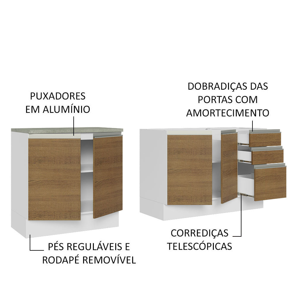 Kit com 2 Balcões de Cozinha Madesa Glamy 4 Portas 3 Gavetas (Sem Tampo e Pia) Branco/Rustic Branco/Rustic