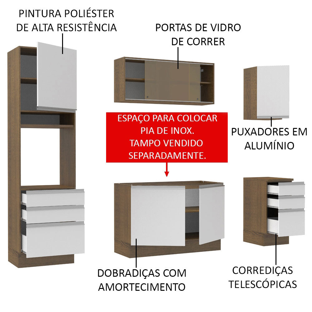 Armário de Cozinha Completa 220cm Rustic/Branco Glamy Madesa 01