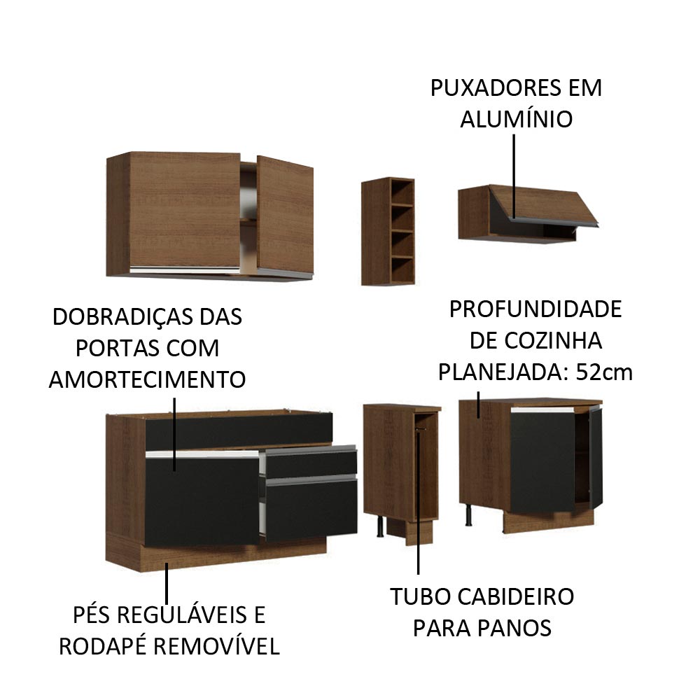 Armário de Cozinha Completa 220cm Rustic/Preto/Rustic Parma Madesa 03