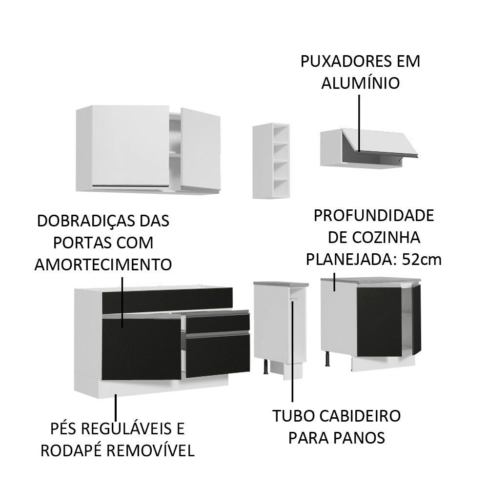 Armário de Cozinha Completa 220cm Branco/Preto/Branco Parma Madesa 03