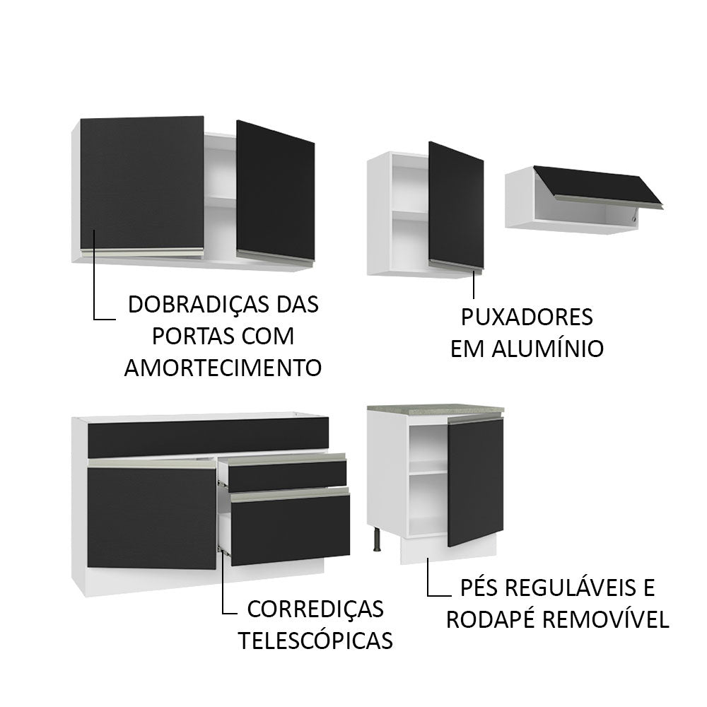 Armário de Cozinha Completa 260cm Branco/Preto Glamy Madesa 03