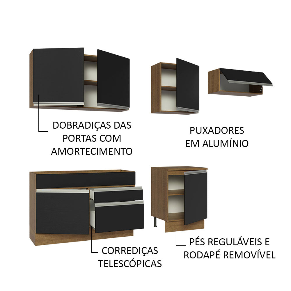Armário de Cozinha Completa 260cm Rustic/Preto Glamy Madesa 03